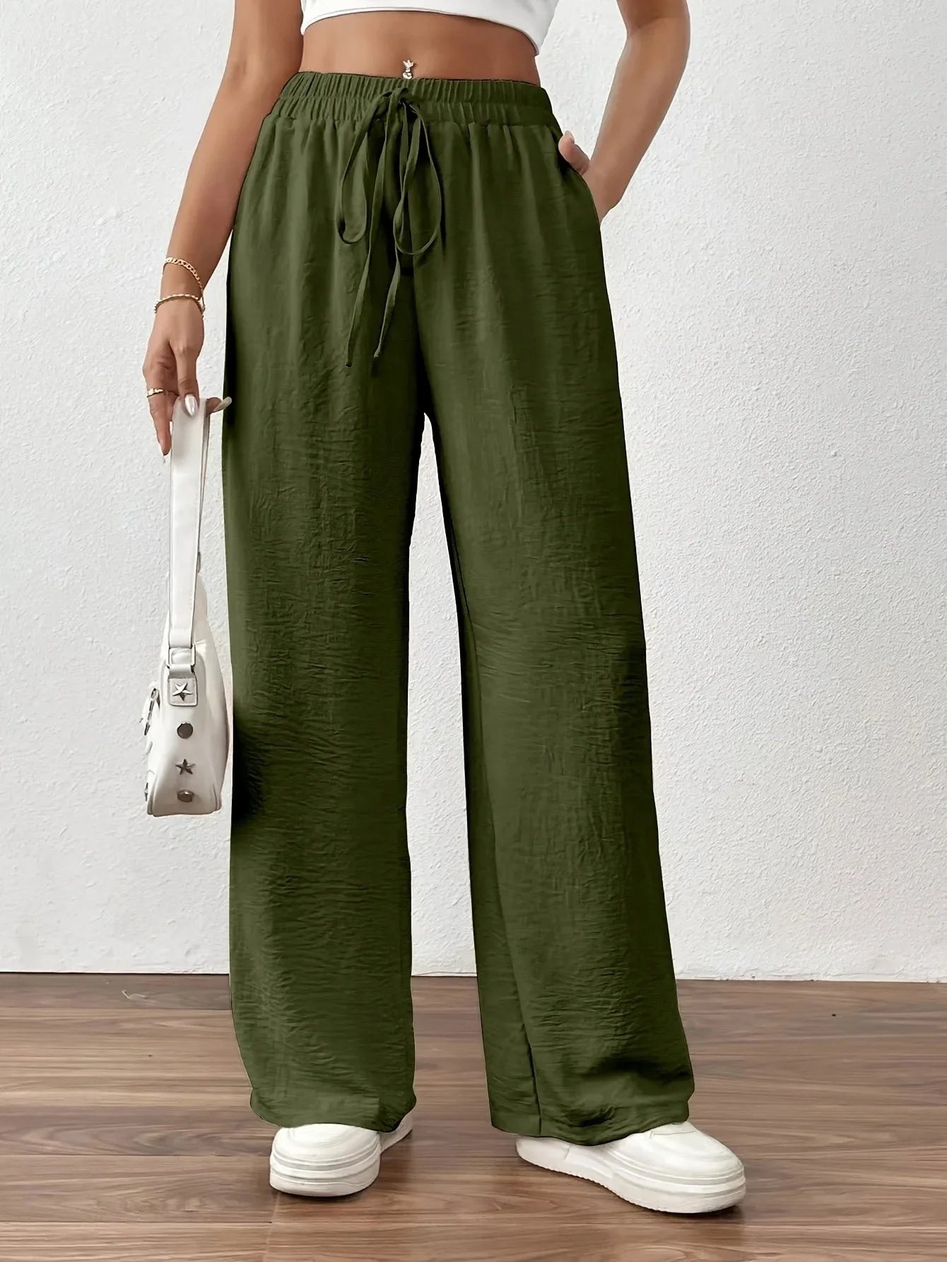 Wide Leg Straight Pants Loose Daily Casual Solid Color Drawstring Slimming High Waist Summer New Women Trousers