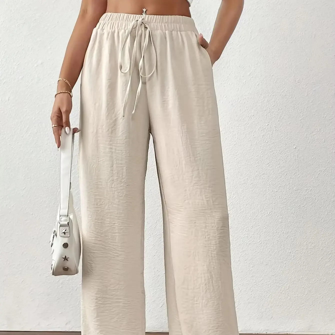 Wide Leg Straight Pants Loose Daily Casual Solid Color Drawstring Slimming High Waist Summer New Women Trousers