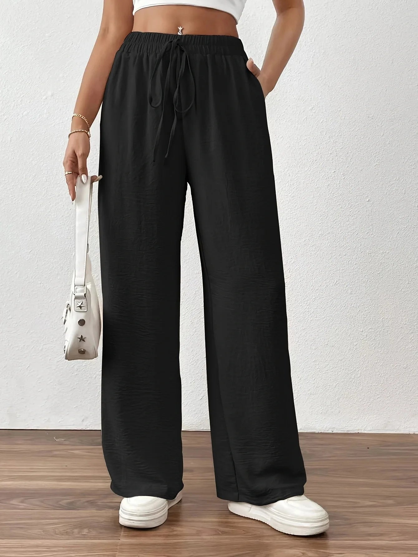 Wide Leg Straight Pants Loose Daily Casual Solid Color Drawstring Slimming High Waist Summer New Women Trousers