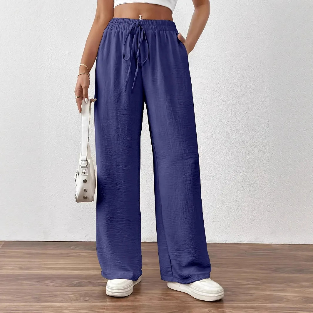 Wide Leg Straight Pants Loose Daily Casual Solid Color Drawstring Slimming High Waist Summer New Women Trousers