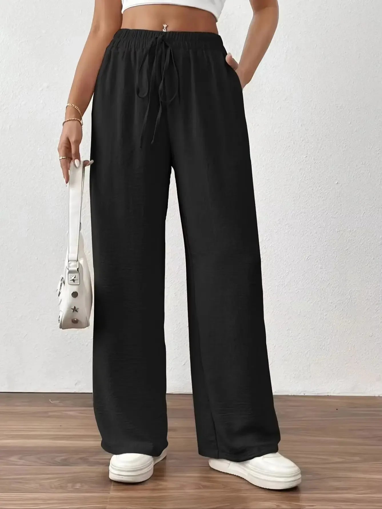 Wide Leg Straight Pants Loose Daily Casual Solid Color Drawstring Slimming High Waist Summer New Women Trousers