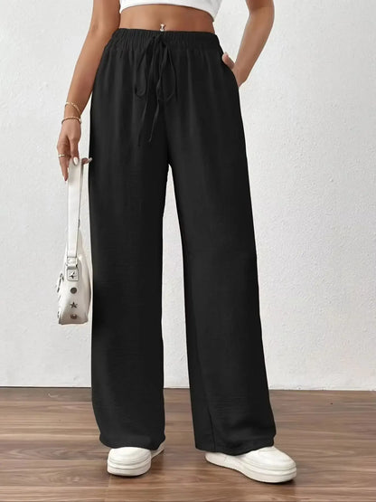Wide Leg Straight Pants Loose Daily Casual Solid Color Drawstring Slimming High Waist Summer New Women Trousers