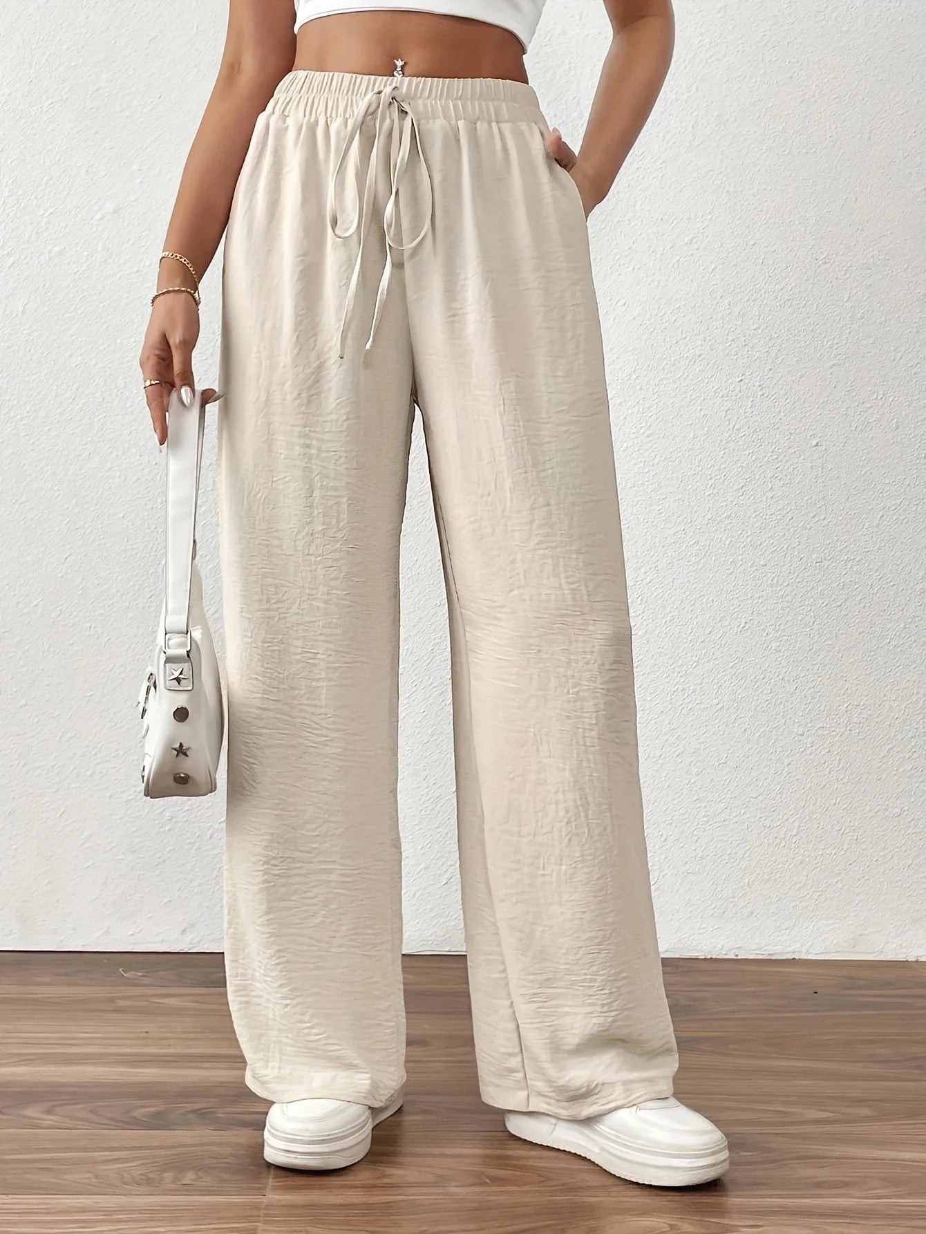 Wide Leg Straight Pants Loose Daily Casual Solid Color Drawstring Slimming High Waist Summer New Women Trousers